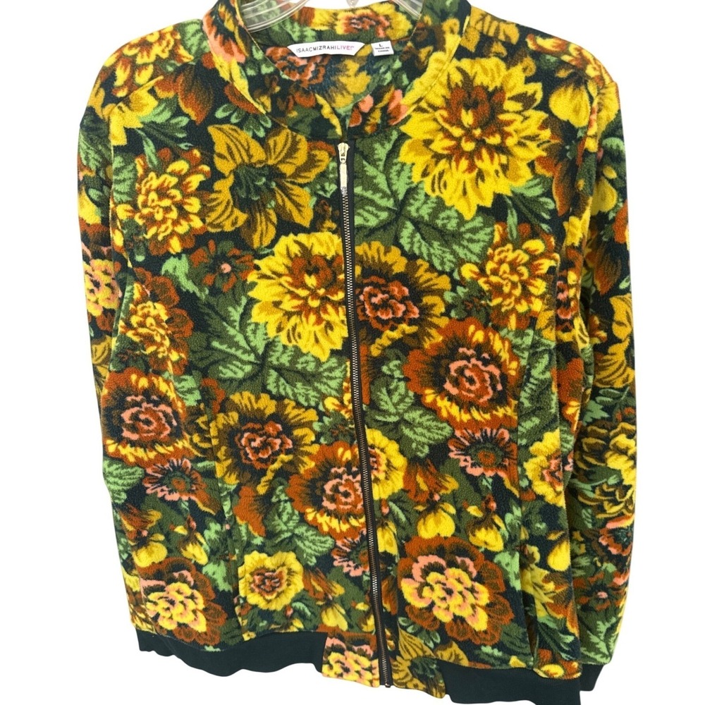 Isaac Mizrahi Live! floral zip-up fleece jacket‎ vibrant sunflower pattern retro